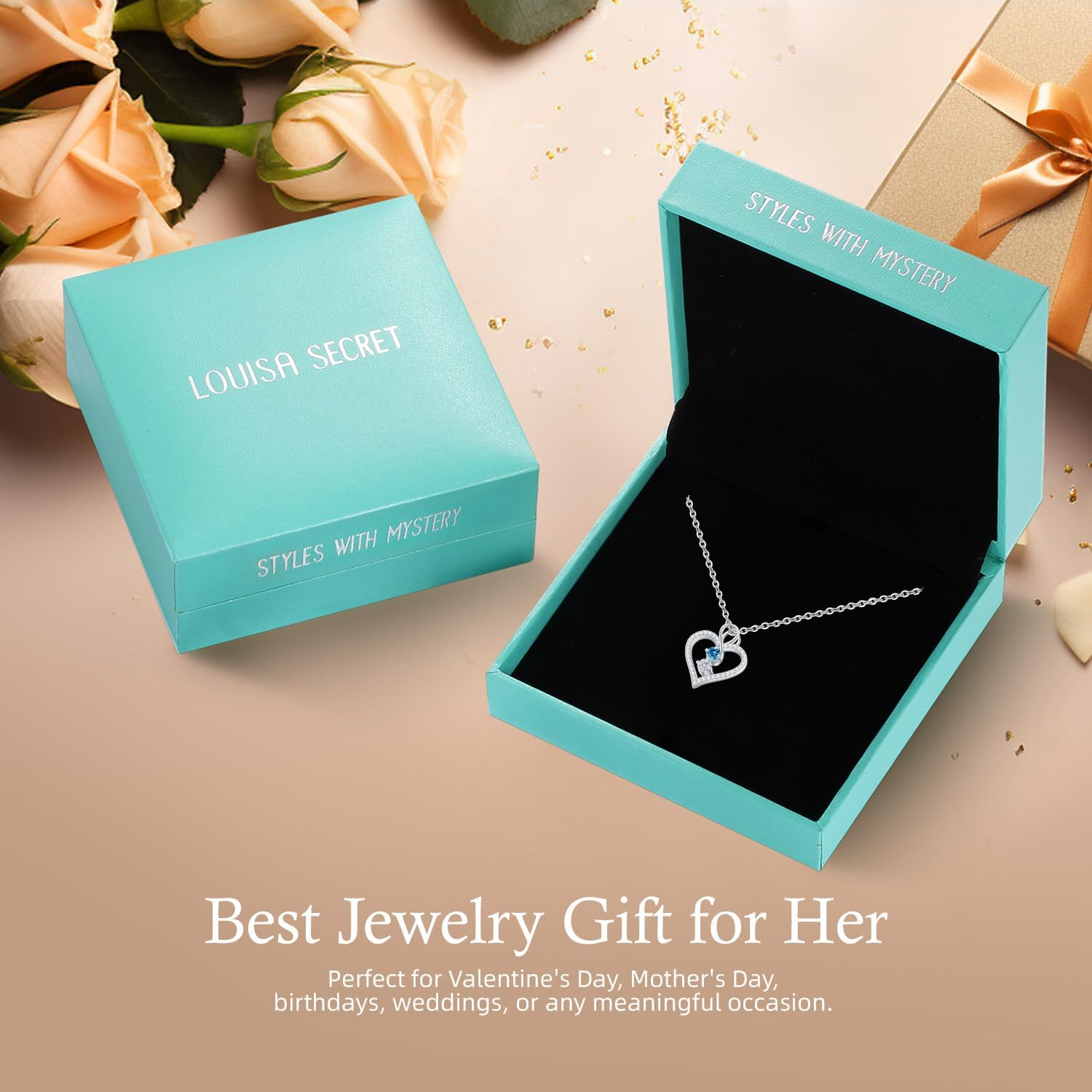 LOUISA SECRET Infinity Double Birthstone Necklace, 925 Sterling Silver Tiny Pendant Heart Necklace for Women Wife Her, Best Jewelry Gift Heart Jewelry Meaningful Gift for Valentine's Day, Christmas, Birthday Anniversary