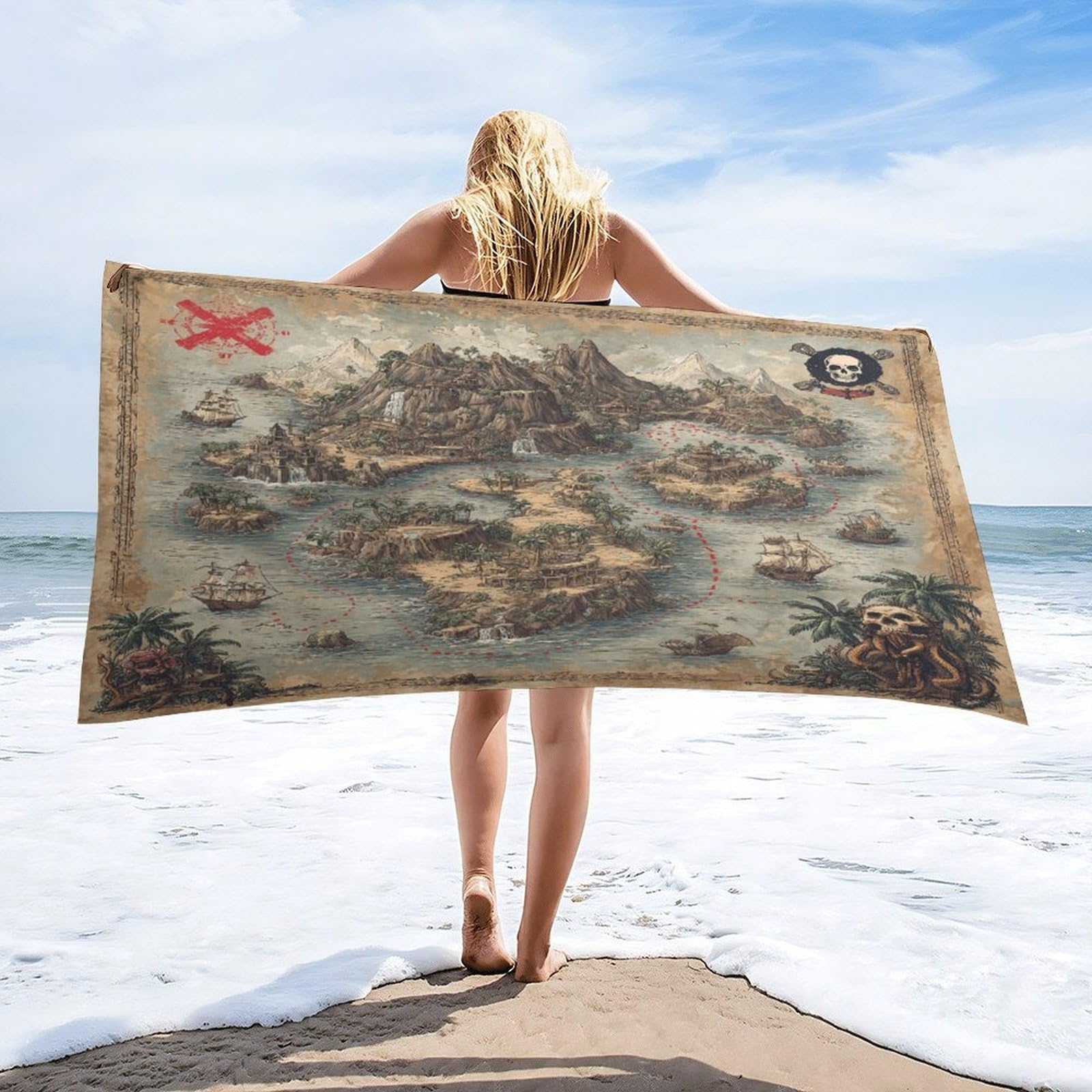 Luyysky Classic Aesthetic Treasure Map Absorbent Beach Towel, Vintage Fantasy Antique Map Pirate Ship Tropical Palm Trees Compass Outdoor Single-Sided Velvet Beach Towel-80 W Cm X 160" L Cm