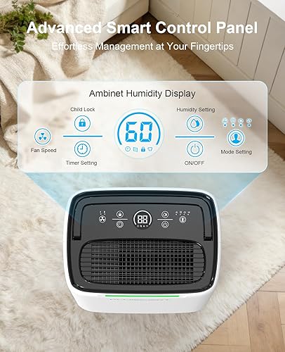 Miniatura 7 de Deshumidificador grande de 52 pintas para el hogar y el sótano, cobertura de hasta 5000 pies cuadrados, drenaje continuo con manguera, control