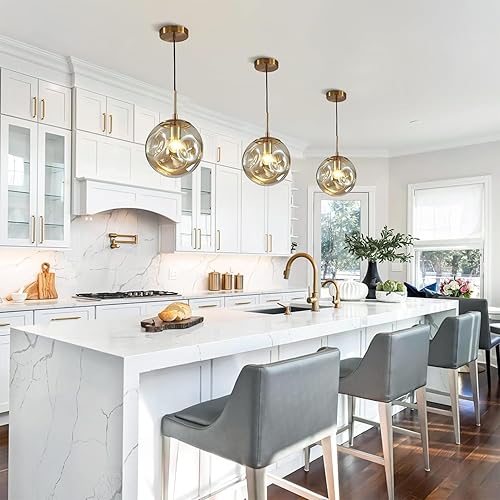 Miniatura 7 de BOKT Moderna lámpara colgante grande de 1 luz con globo de mediados de siglo, lámpara colgante dorada para isla de cocina, lámpara colgante de bola