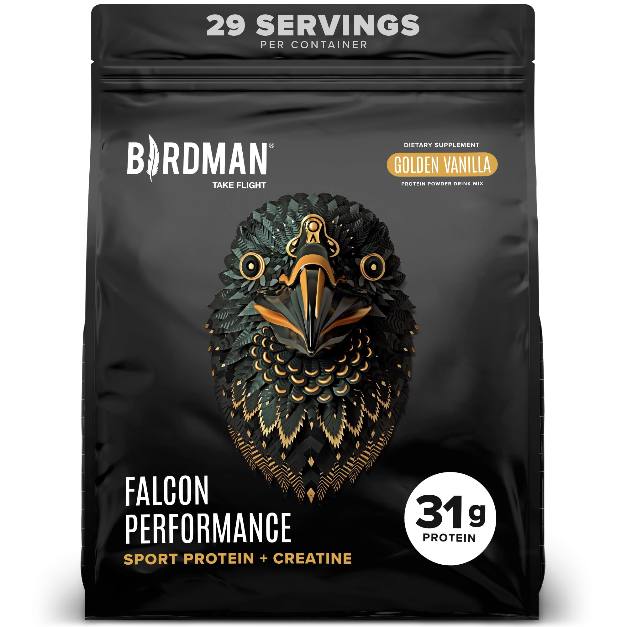 BIRDMAN Falcon Performance Vegan Protein Powder, 31g Protein, 5g Creatine, 5g BCAA, Probiotics, Electrolytes, Pre Workout, Low Carb, Sugar Free & Dairy Free, Plant Based Vanilla Protein, 29 Servings