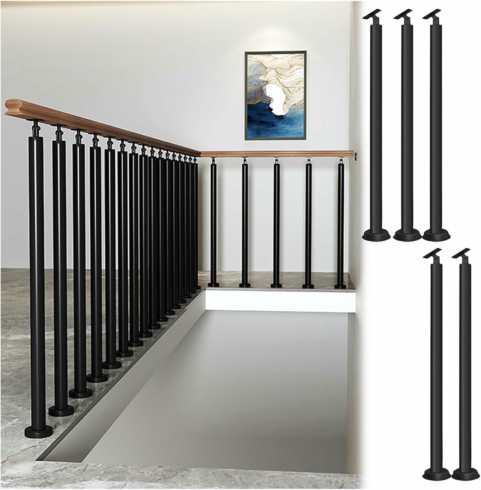 Kit rail d'escalier intérieur en métal avec balustres et supports réglables noirs pour loft