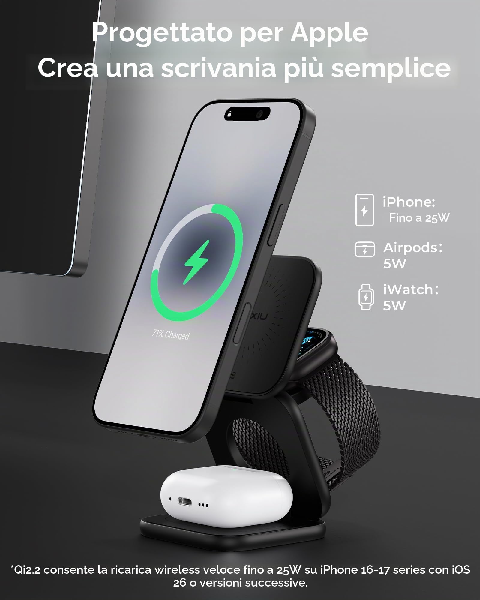 KU XIU X40 Turbo Qi2 25W Stazione di Ricarica, Caricatore Wireless 3 in 1 Pieghevole per iPhone 17/16/15/14/13/12/Air, 5W per iWatch 11–4/SE/Ultra & Auricolari Wireless, Design in Alluminio, Nero