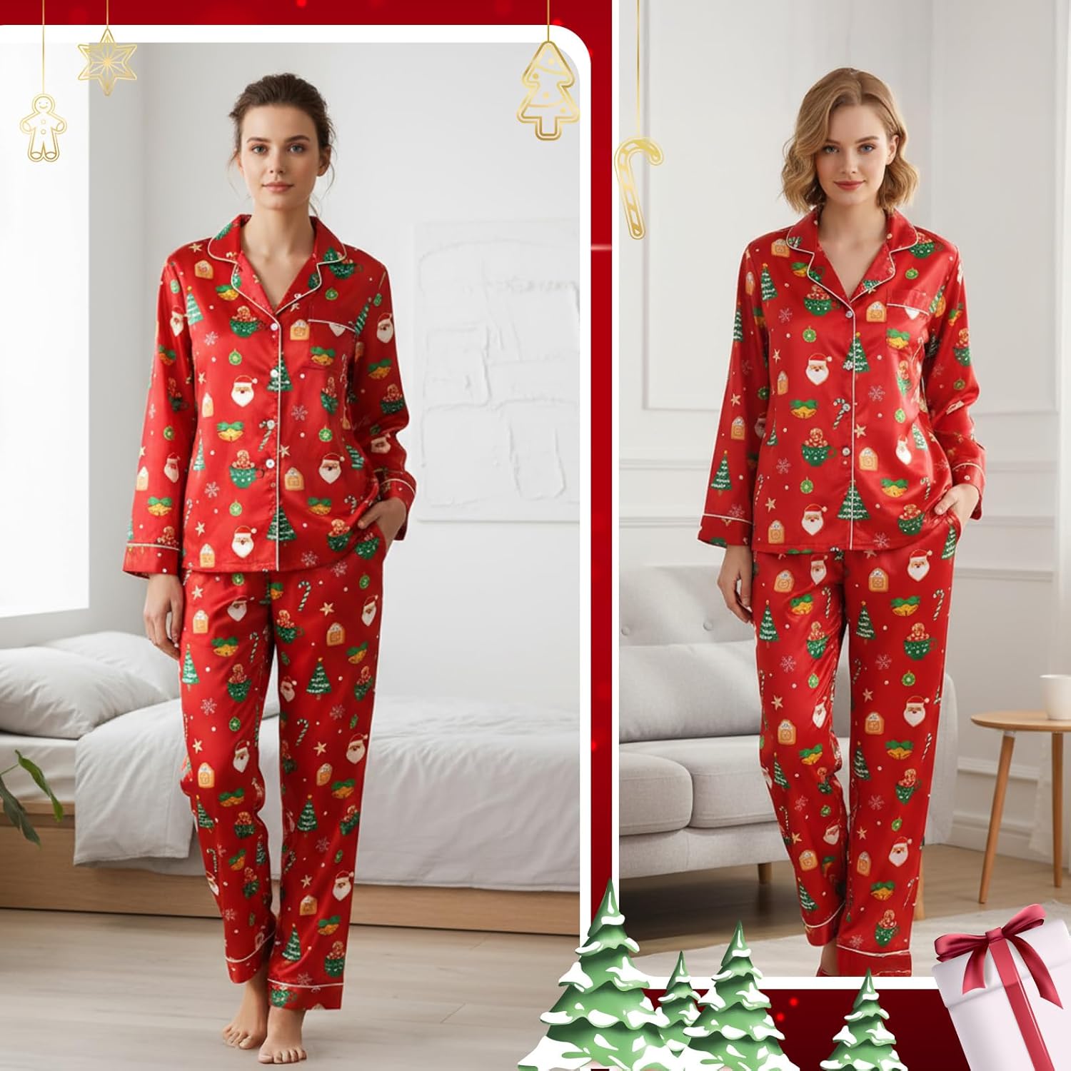 Christmas Women Satin Silk Pajamas Long Sleeve Sleepwear 2 Piece Button Up Pjs Set Xams Soft Loungewear - Image 2