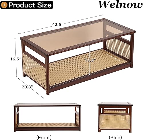 Miniatura 3 de Welnow Mesas de centro de ratán para sala de estar, moderna mesa de centro de 2 niveles, mesa de centro rectangular de mediados de siglo con estante