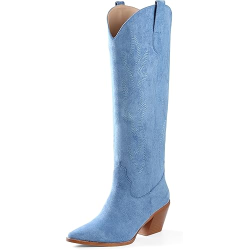iiimmu Cowgirl Boots Women Knee High Boots Pointed Toe and Block Heel Cowboy Suede and Faux Leather Boots with Embroidered