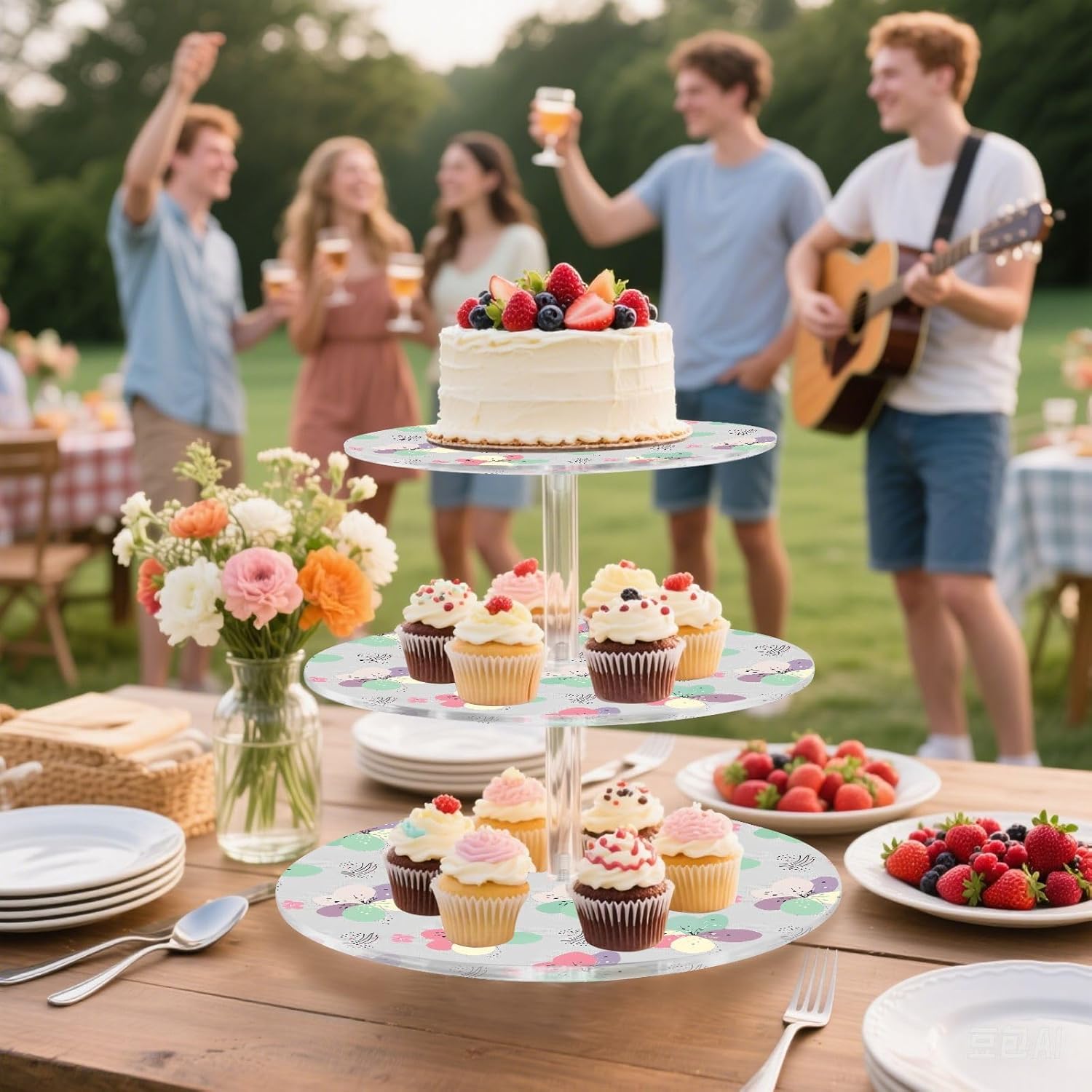 Flowers Floral 3 Tier Acrylic Cupcake Stand, Cupcake Stand for 34 Cupcakes for Weddings, Christmas,Holidays,Parties,Birthday,Printed Cupcake Tower 23300318