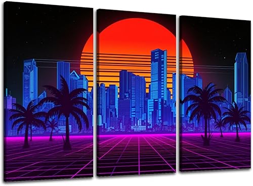 Miniatura 11 de 3 Piece Canvas Wall Art Prints Picture Retro wave synthwave vaporwave skyline scenery landscape Framed Wall Painting Modern Artwork Poster Home