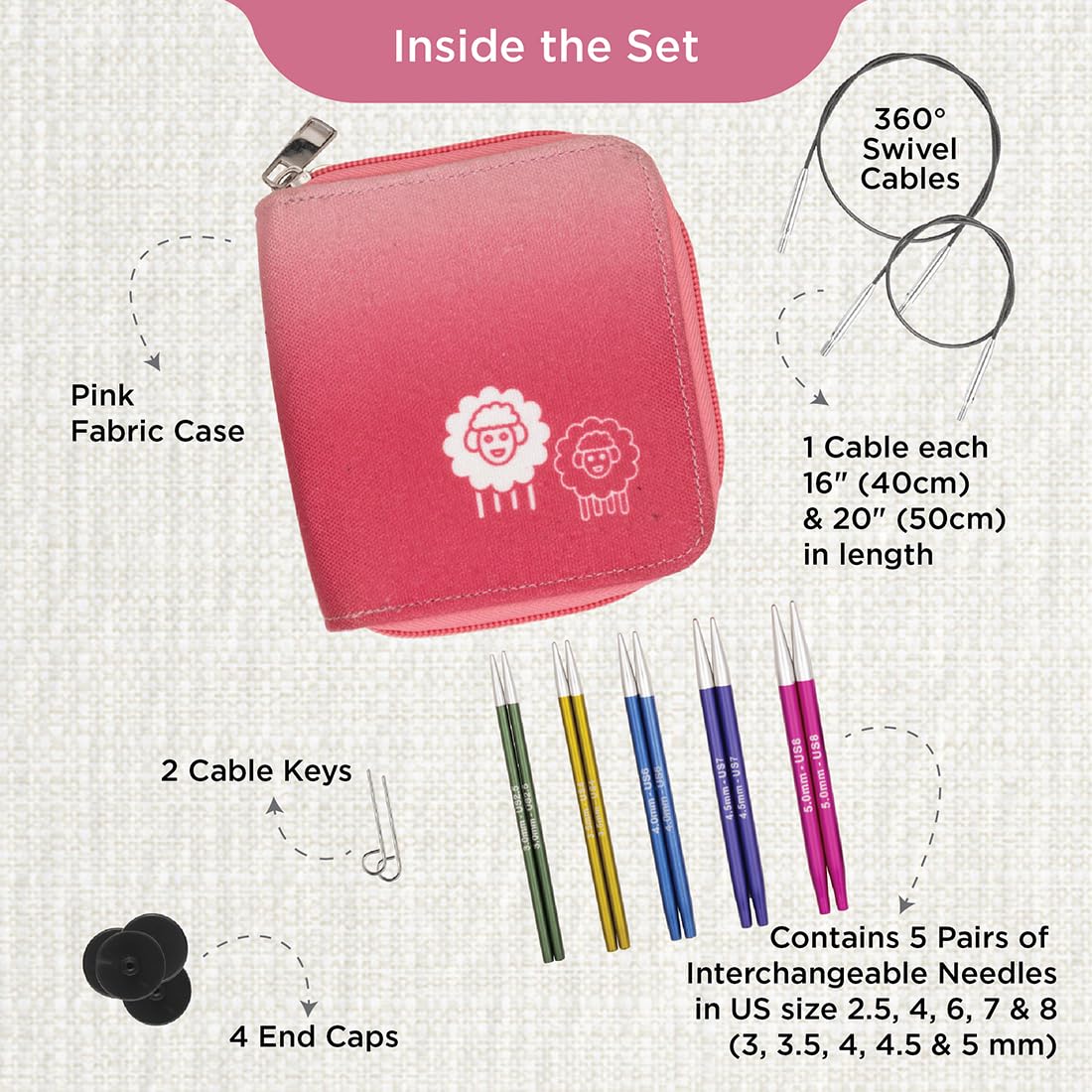 KnitPro Zing - Mini Set Ferri Circolari Intercambiabili 5,1 Cm - 8 Misure (2,5-6 Mm) Con 4 Cavi E Borsa Progetti