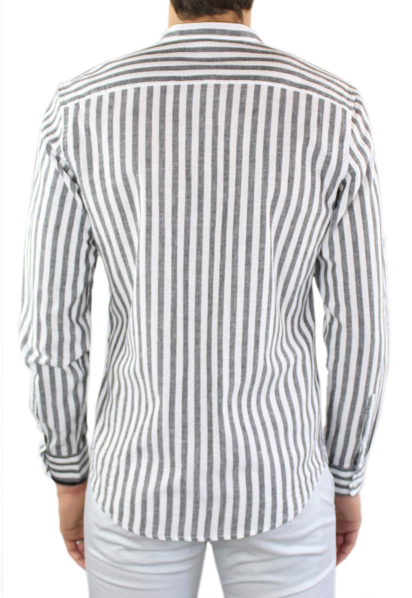 Camisa de lino para hombre Coreana a rayas negras de 100% lino Slim Fit elegante de manga larga a rayas