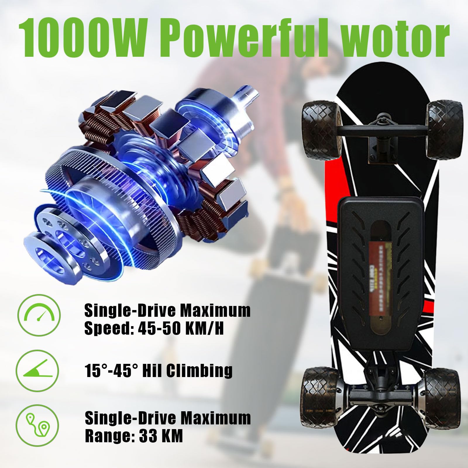 WACLMOTAKE Skateboard électrique Tout-Terrain,Longboard à Quatre Roues avec Deux Moteurs de 400 w intégrés aux Roues,Vitesse maximale de 40 km/h,Angle d'inclinaison Maximal.35° Single-Drive-15km WACLMOTAKE Skateboard électrique Tout-Terrain,Longboard à Quatre Roues avec Deux Moteurs de 400 w intégrés aux Roues,Vitesse maximale de 40 km/h,Angle d'inclinaison Maximal.35° Single-Drive-15km