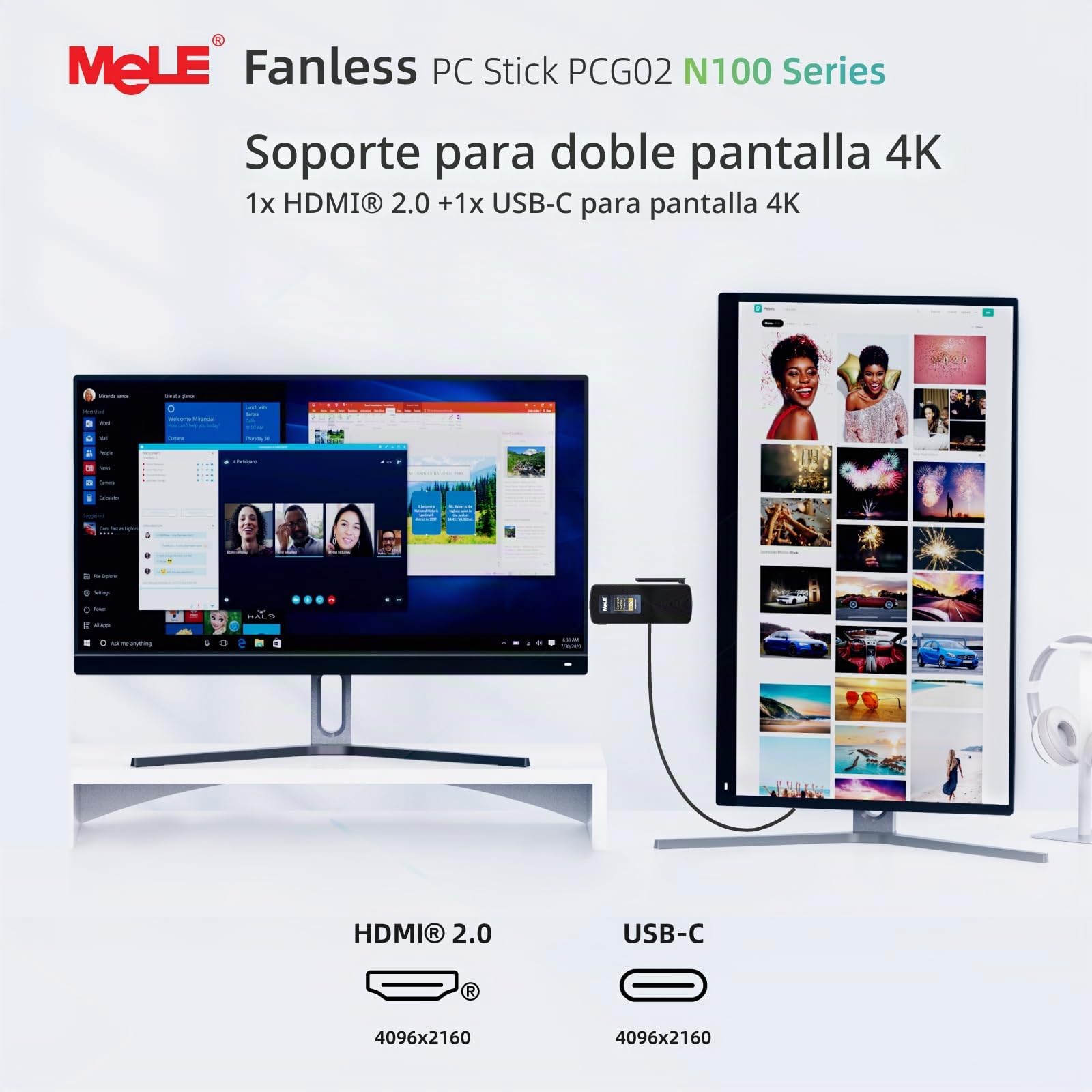 MeLE PCG02 N100 Mini PC Stick USB-C con Funciones Completas, sin Ventilador, Doble Pantalla HDMI 4K, WiFi 2.4G/5G, BT5.1 GbE, Micro PC con VESA (8GB / 256GB)