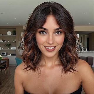 WOKESTAR Bob Curly Wig with Fringe, Short Synthetic Wavy Wig