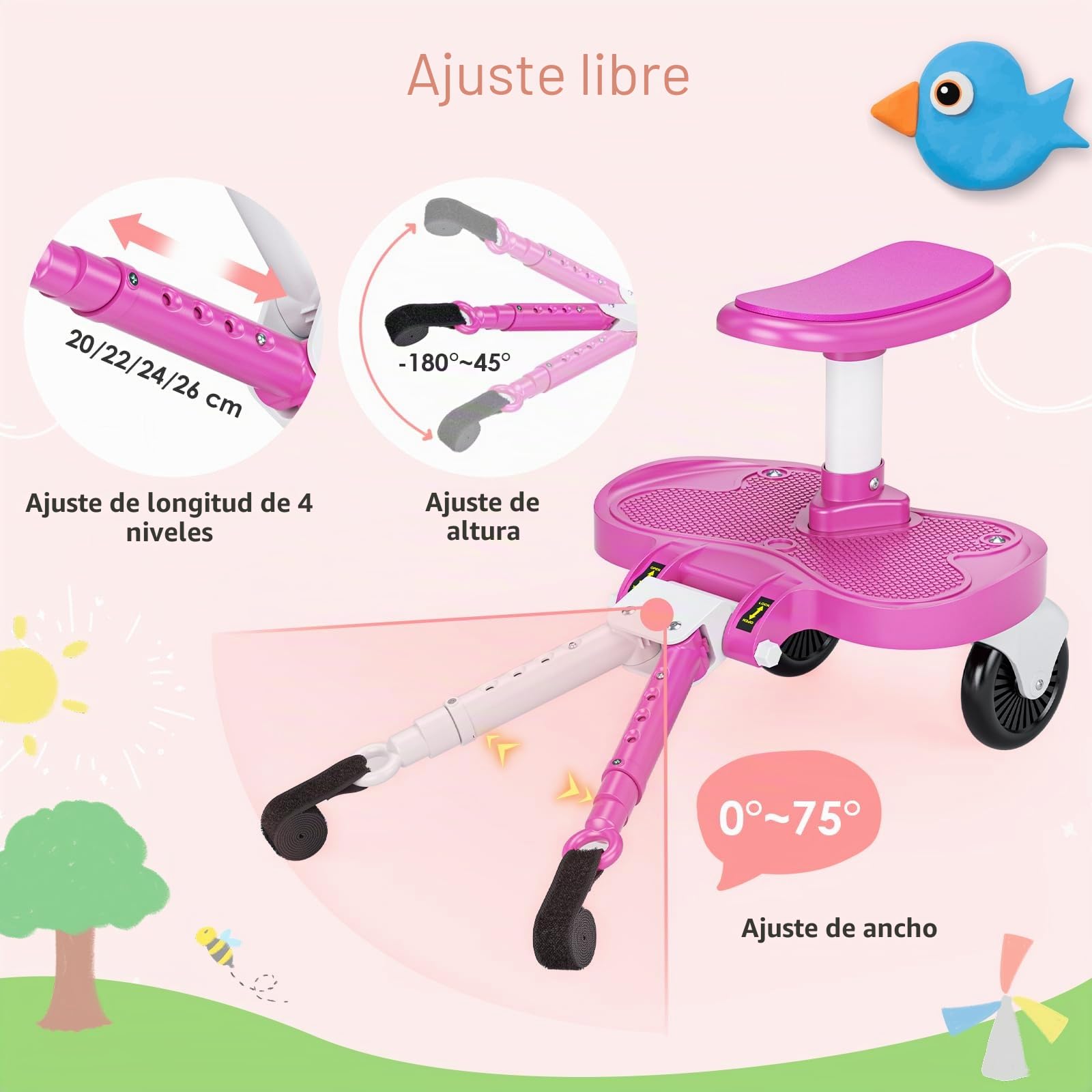 Silla de paseo rosa para todos los cochecitos, plataforma universal para niños de 2 a 6 años (25 kg), tabla infantil con asiento, tabla universal para cochecito