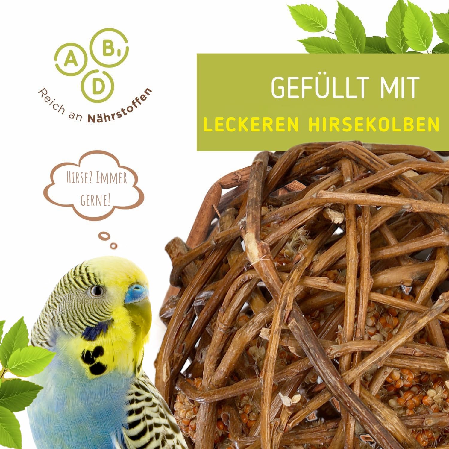Vogelgaleria Foxtail Millet Filled Willow Ball Pack of 2 Handmade in Germany Amazing Fun for Happy and Active Budgies - Image 3