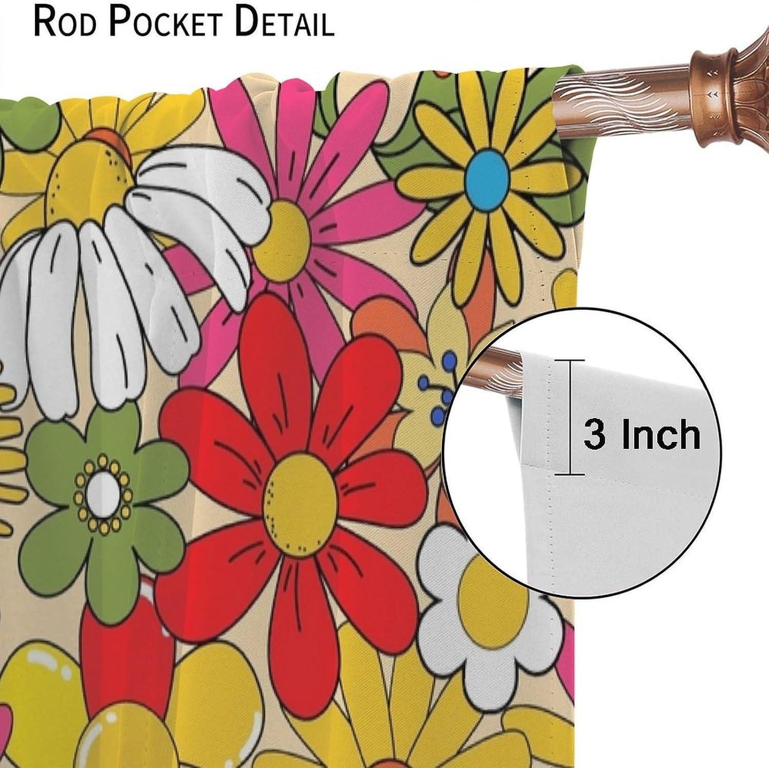 Boho Floral Vintage 70s Window Curtains, Hippie Bright Orange Flowers Groovy Blackout Drapes for Kids,Abstract Funny Art Print for Boys Girls Room Living Room Set 2 Panels,42x45 Inches