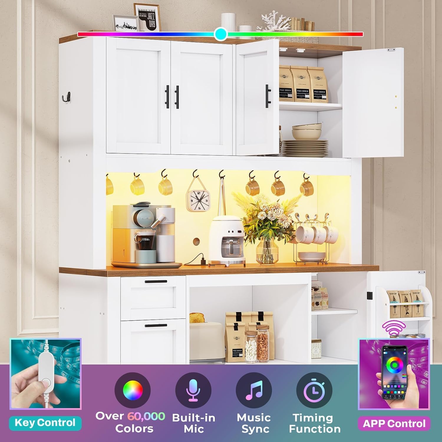 71" Pantry Cabinet with Charging Station and LED Light, Kitchen Pantry Cabinet with Microwave Stand, 47.2" Wide Kitchen Storage Cabinets with Storage Cart 3 Tier for Dining Room, White