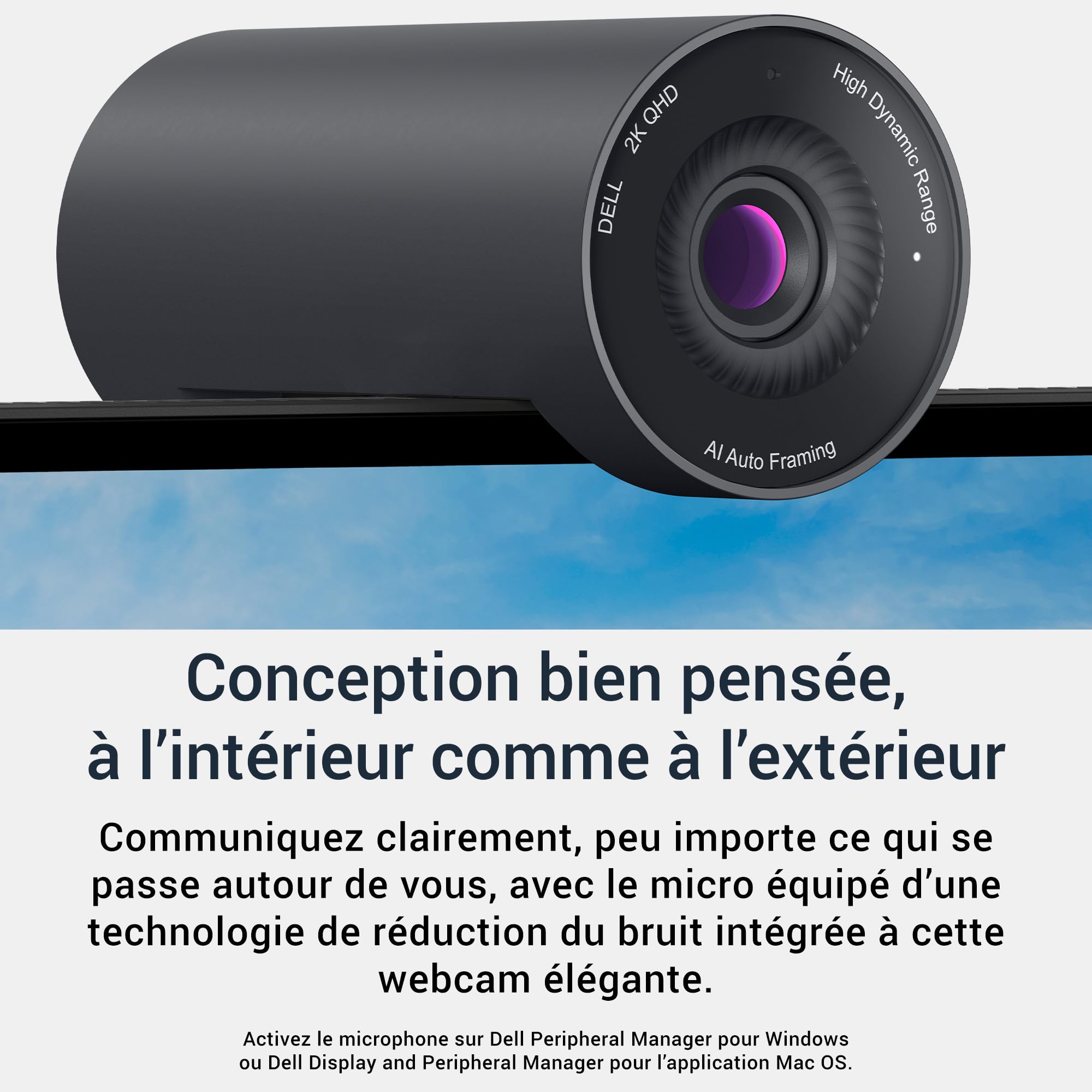 Dell Pro Webcam WB5023 – 2K QHD Capteur Sony STARVIS, Cadrage Automatique IA, HDR, Réduction de Bruit 3D & 2D, Micro Réduction de Bruit Intégré, Cache de Confidentialité Magnétique – Noir