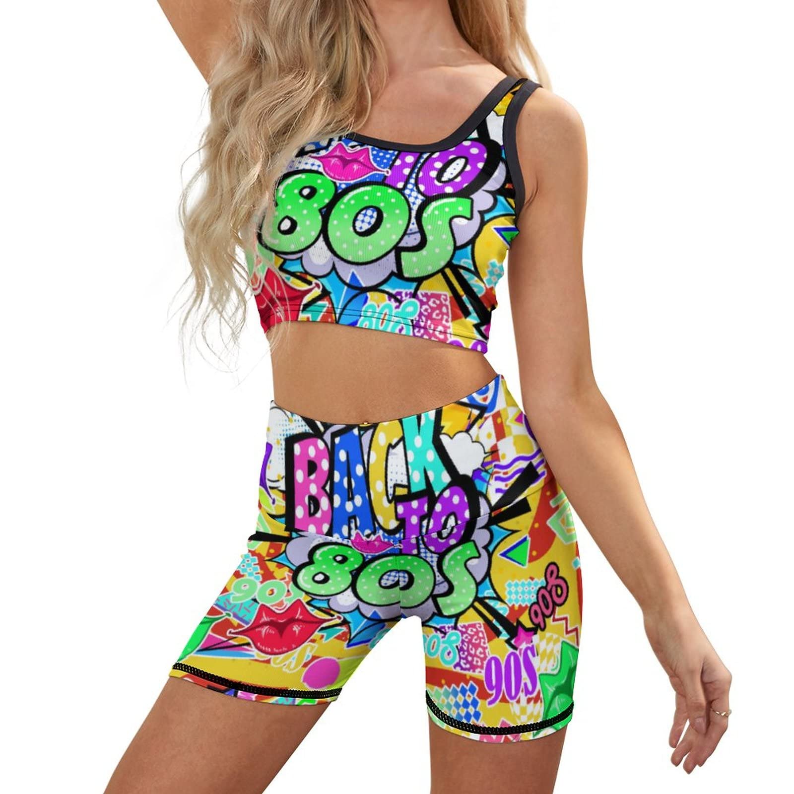 Women's Workout 2 Piece Outfits Sets Back to 80s Sports Bra Crop Tank Top High Waist Shorts Gym Yoga Leggings Set