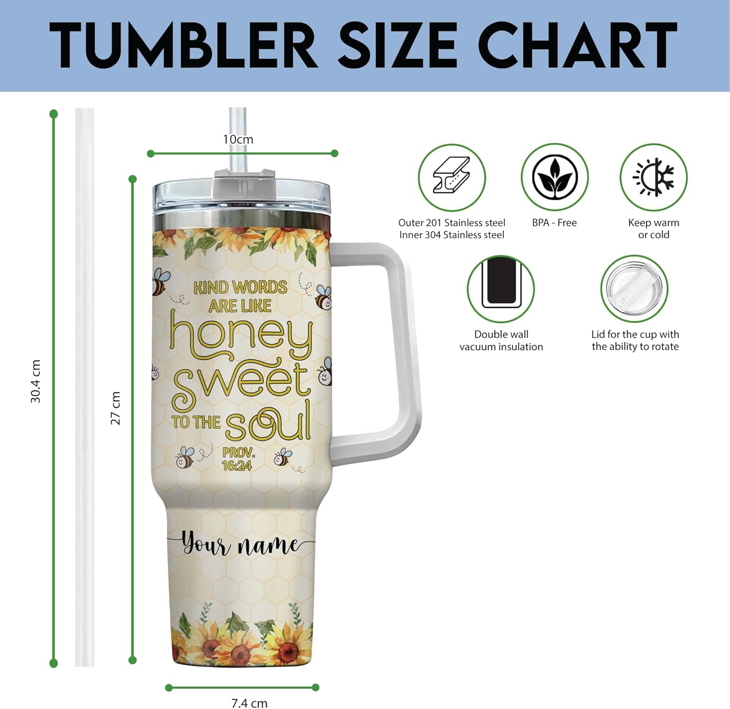 Personalized Bee Kind Sunflower 40oz Tumbler with Handle and Straw, Bee Tumbler for Women, Vacuum Insulated Cute Bee Tumbler, Gifts for Bee Lover, Travel Coffee Tumbler (01), Large