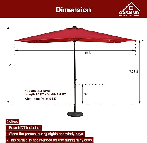 Miniatura 8 de CASAINC Sombrilla rectangular de aluminio de 6.5 x 10 pies para patio, mesa de mercado, sombrilla de aluminio con botón de inclinación y manivela