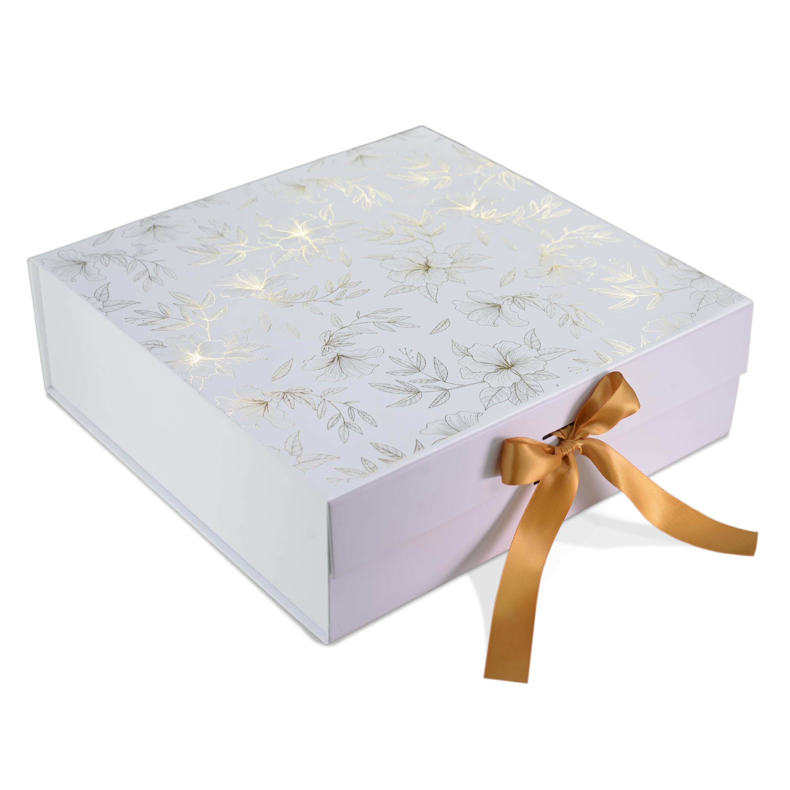 RBS®- LARGE White Gift Box (1 Pack) Gift Boxes for Packaging all occasions (34 x 33 x 10cm) Gift Boxes for gifting with Ribbon Holds Upto 10 Kg, Reusable gift packing box (Large White Gold Floral)