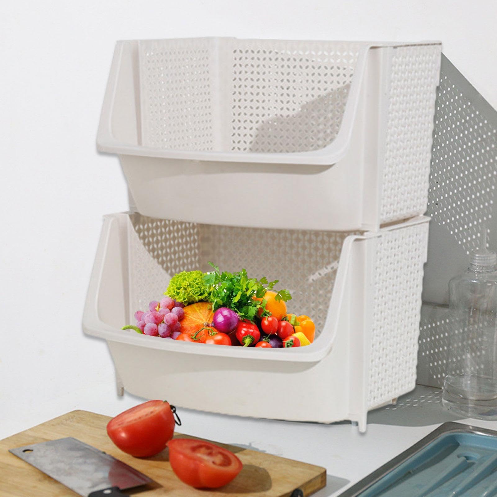 Cesto Portafrutta A 2 Piani In Legno Di Acacia - Grande Capacità Per Frutta E Verdura - Organizer Da Cucina