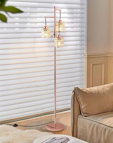 Miniatura 6 de Lámpara de pie industrial, lámpara de pie regulable, lámpara de árbol dorado, lámpara de pie con 3 elegantes pantallas de cristal para sala de