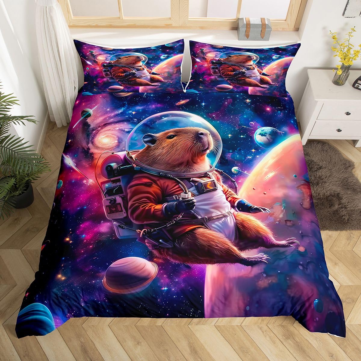 Homewish Kids Astronaut Capybara Super King Duvet Cover Set for Boys Girls - Purple Star Space Bedding Black Reversible - Dreamy Starry Sky Quilt Cover Outer Space Adventure Bed Set - 2 Pillowcases