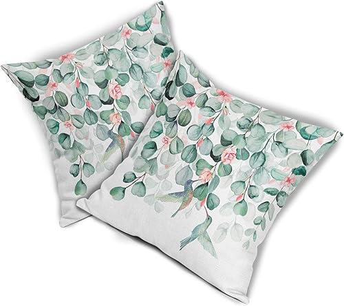 Miniatura 2 de Giwawa Fundas de almohada de eucalipto de acuarela de pájaros, fundas de almohada de lino de 18 x 18 pulgadas, fundas de almohada de rosas florales,