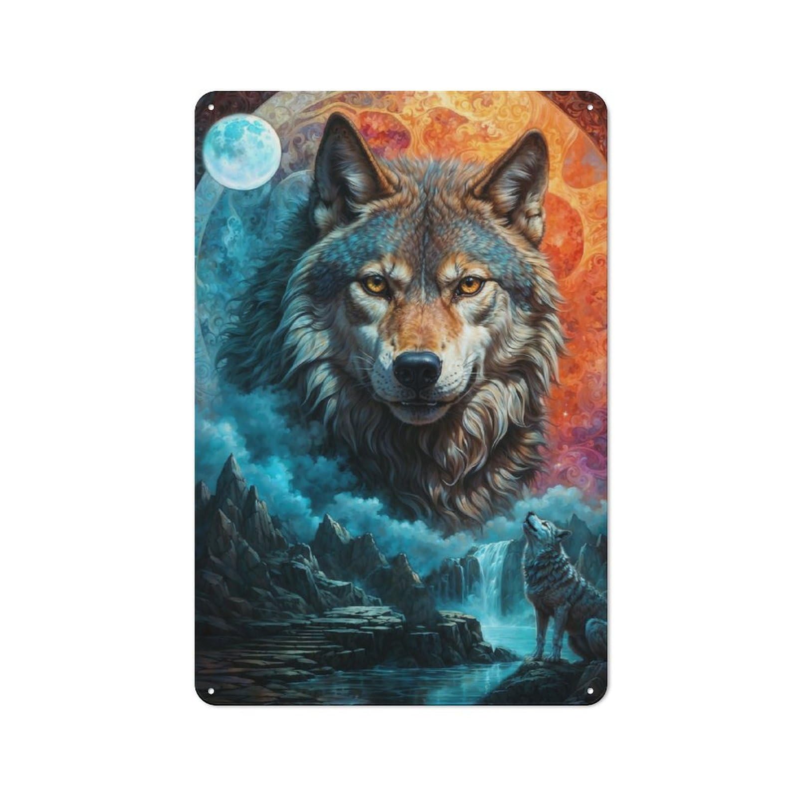 Junmoney Mystical Moon Lone Wolf Retro-Style Metal Plaque 30X20cm For Kitchen Or Home Bar, Gift For Home Bar Enthusiasts During The Christmas Season
