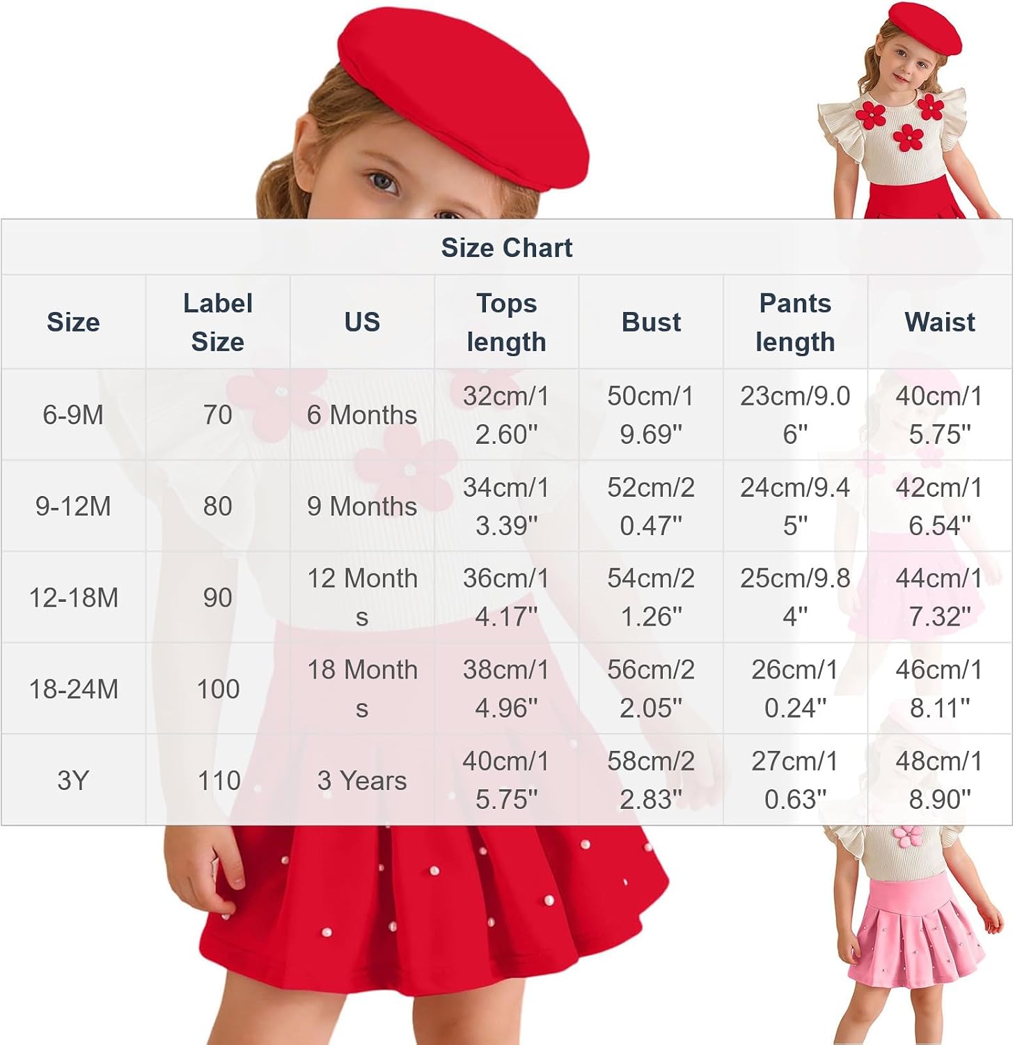 3 Piece Girls Summer Clothing Set with 3D Floral Ribbed Knitting Flying Trim Top Casual High-rise Pleated Skirts
