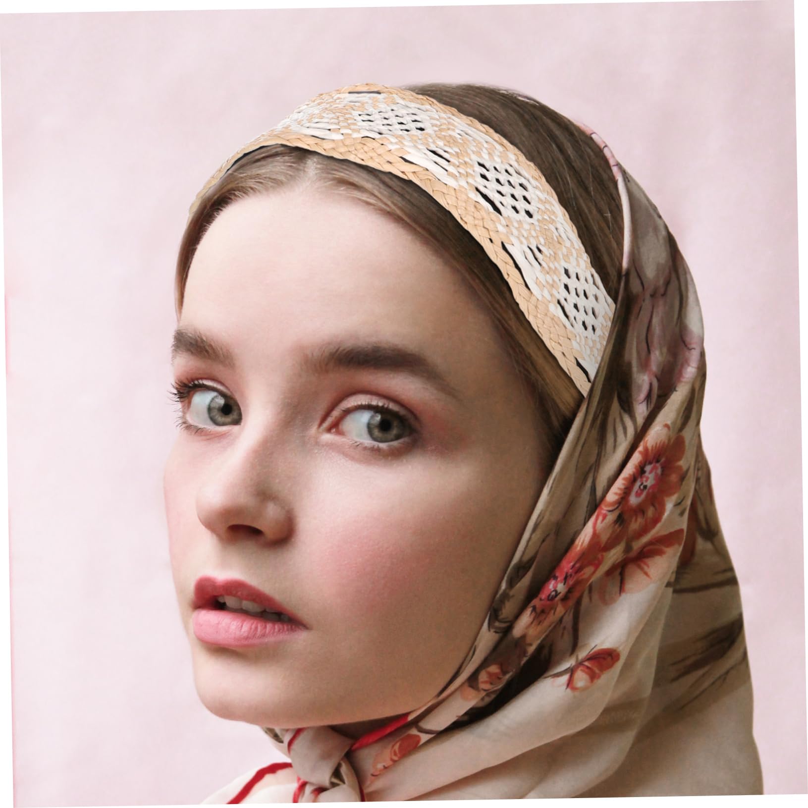 Bandeau Large en Raphia Beige, Serrage-tête Rétro pour Femmes