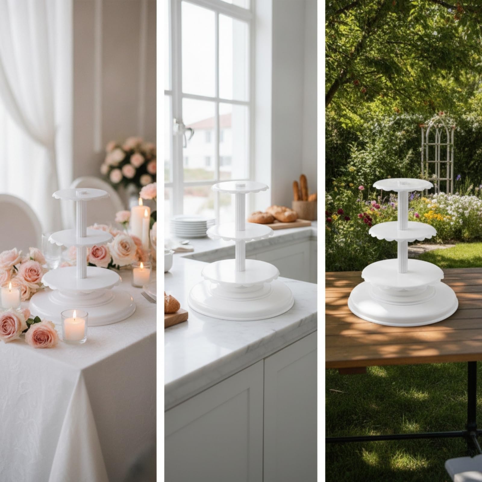 Support à Pâtisseries à Trois Niveaux avec Base Ron Large et Stable pour Exposer Gâteaux et Tartes Lors Réunions, Blanc, Trois Couches pour [6/8/10 Pouces] Espacement 18cm