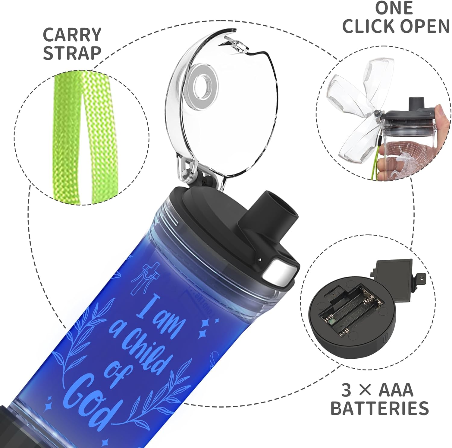 CoolGift Mart Light-Up Water Bottle with 'I am a Child of God' Design - 14oz Drink Cup, BPA-Free - Ideal Baptism Gift for Christians, Women, Girls, Boys, and Kids