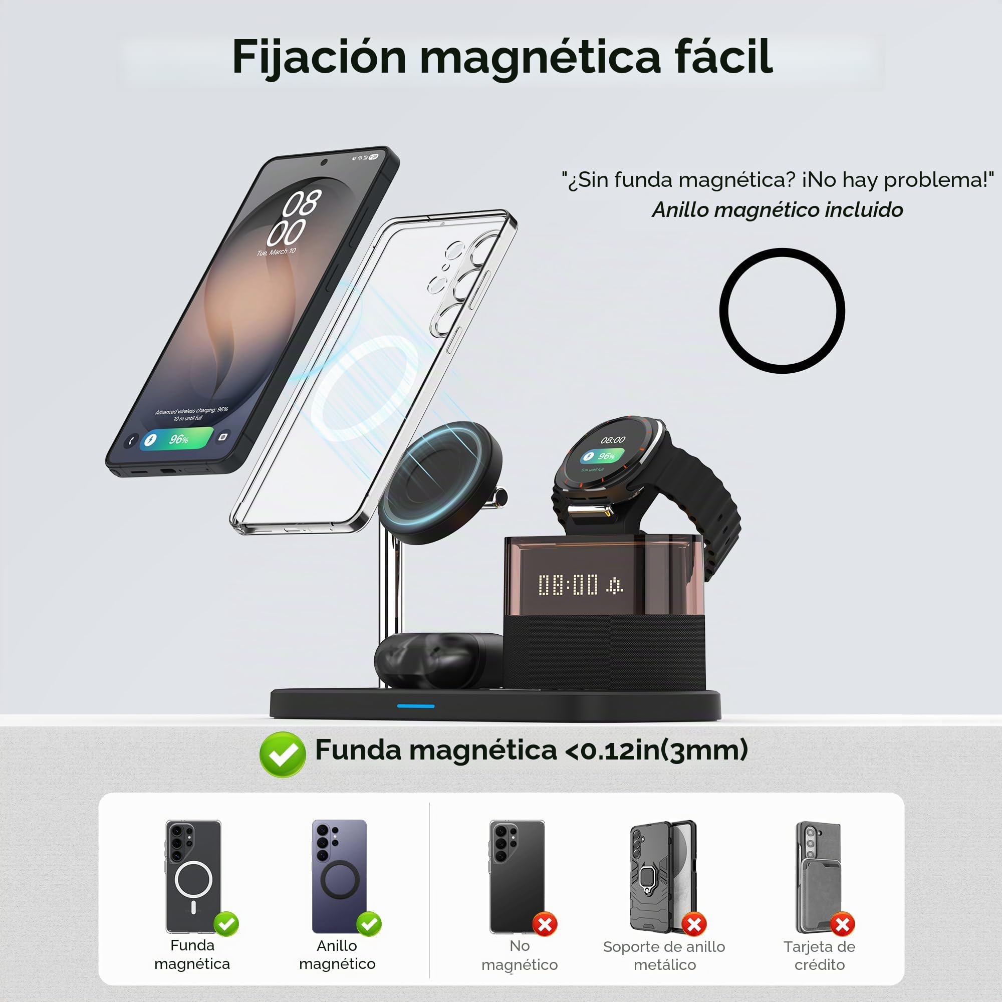 Cargador Inalámbrico 3 en 1 Compatible con Samsung con Anillo Magnético, Estación de Carga 25W para Galaxy S26/S25/S24, Galaxy Watch 8/7/6 y Galaxy Buds 4 Pro, para iPhone 17 16