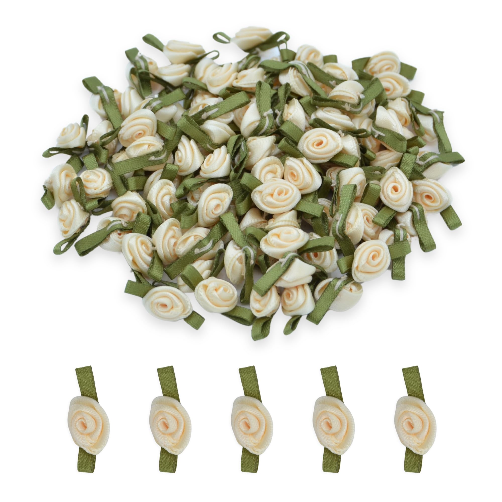 celloexpress 12mm Cream 815 Satin Ribbon Roses with Green Leaves - Small Flower Buds - Crafts, Embellishments (Pack of 50)