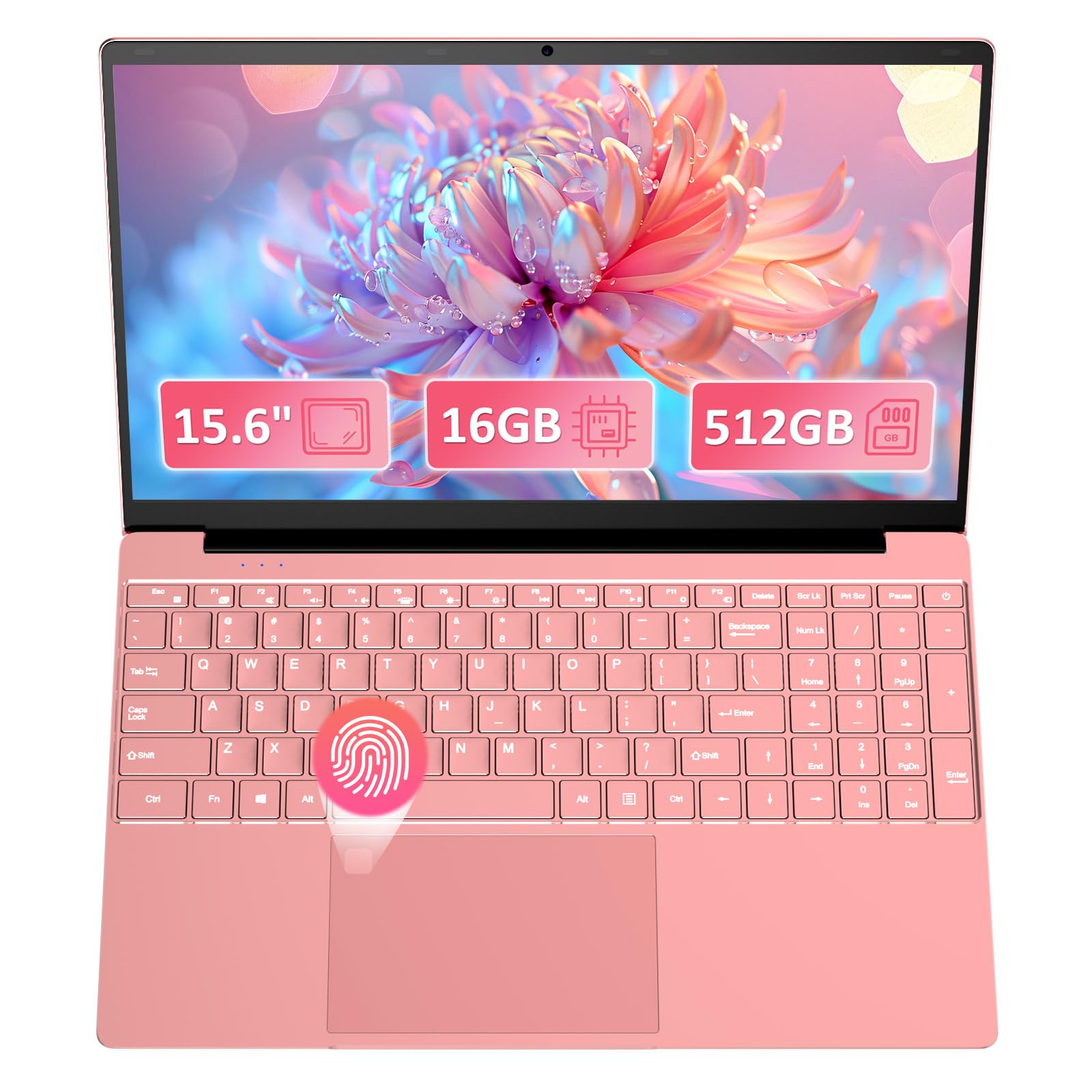 Molegar 2026 Laptop Computer Notebook QWERTY,15.6" IPS FHD Display,16GB RAM 512GB SSD,Celeron N5100 Prozessor,WiFi5,BT5.0,USB3.0,Beleuchtete Tastatur,Fingerprint für Business und Studenten,Rotgold