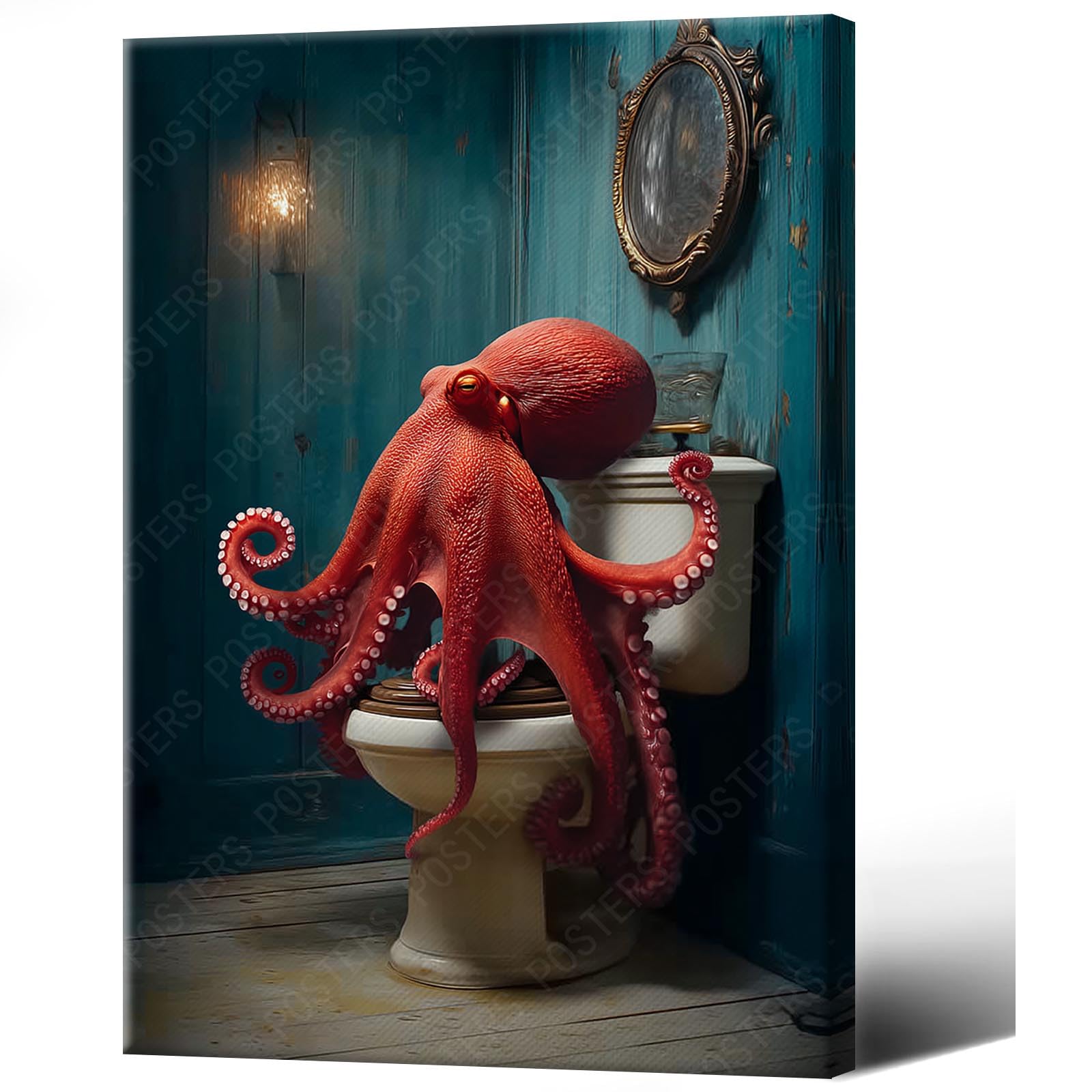 Steampunk Octopus Art Canvas Poster Quirky Sea Creature Surreal Bathroom Wall Art Print Room Decor Aesthetic 12X18 in Unframed