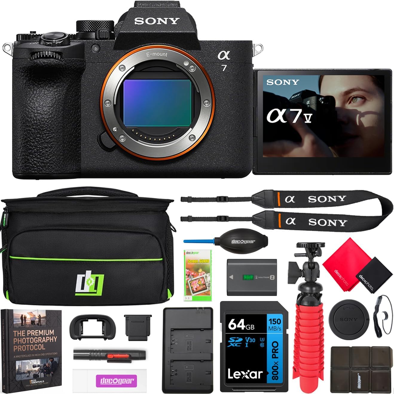 A7 V Full Frame Mirrorless Alpha Camera Body ILCE-7M5 | 33MP, 30 FPS Burst, 4K 120p Video | AI Autofocus, 7.5 Stop IBIS | Bundle with Deco Gear Case, Memory Card and Accessories Kit
