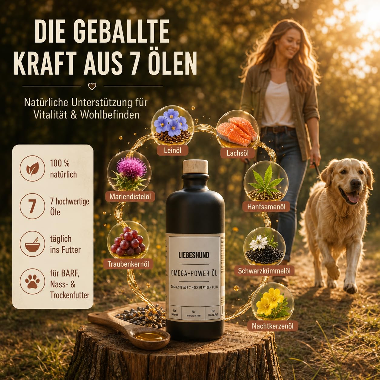LIEBESHUND Omega-Power Hundeöl 500ml – Premium Barf Öl mit 7 Ölen für Hunde – Lachsöl, Leinöl, Hanföl, Schwarzkümmelöl – Omega 3-6-9 für Haut, Fell, Gelenke & Immunsystem - In Steinzeugflasche