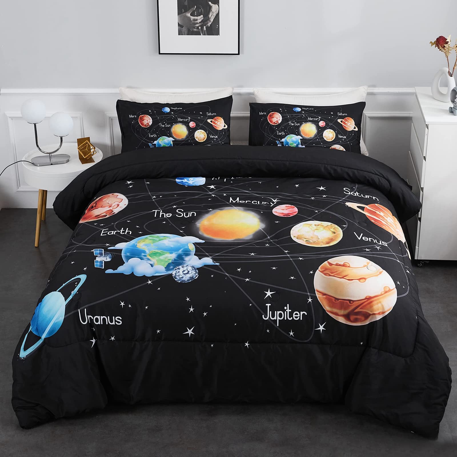 Lunoroey Solar System Duvet Cover Set Single Galaxy Outer Space Bedding Set 3 Pieces 1 Universe Planets Theme Duvet Cover and 2 Pillow Cases for Boys Kids Ultra-Soft Microfiber All Seasons