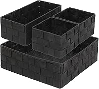 Fboxac Woven Storage Baskets Set of 4 - Stackable Polypropylene Bins with Metal Frame for Closet, Nursery, Office Organization, Black
