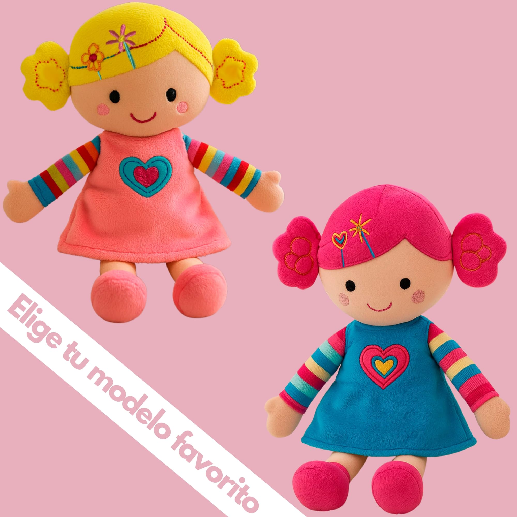 Peluchilandia Muñeca de Trapo Personalizada - Regalo Bebe 1 año - Muñecas para niñas 2 años y más - Tacto Muy Suave 25cm Personalizadas con su Nombre para un Detalle Especial