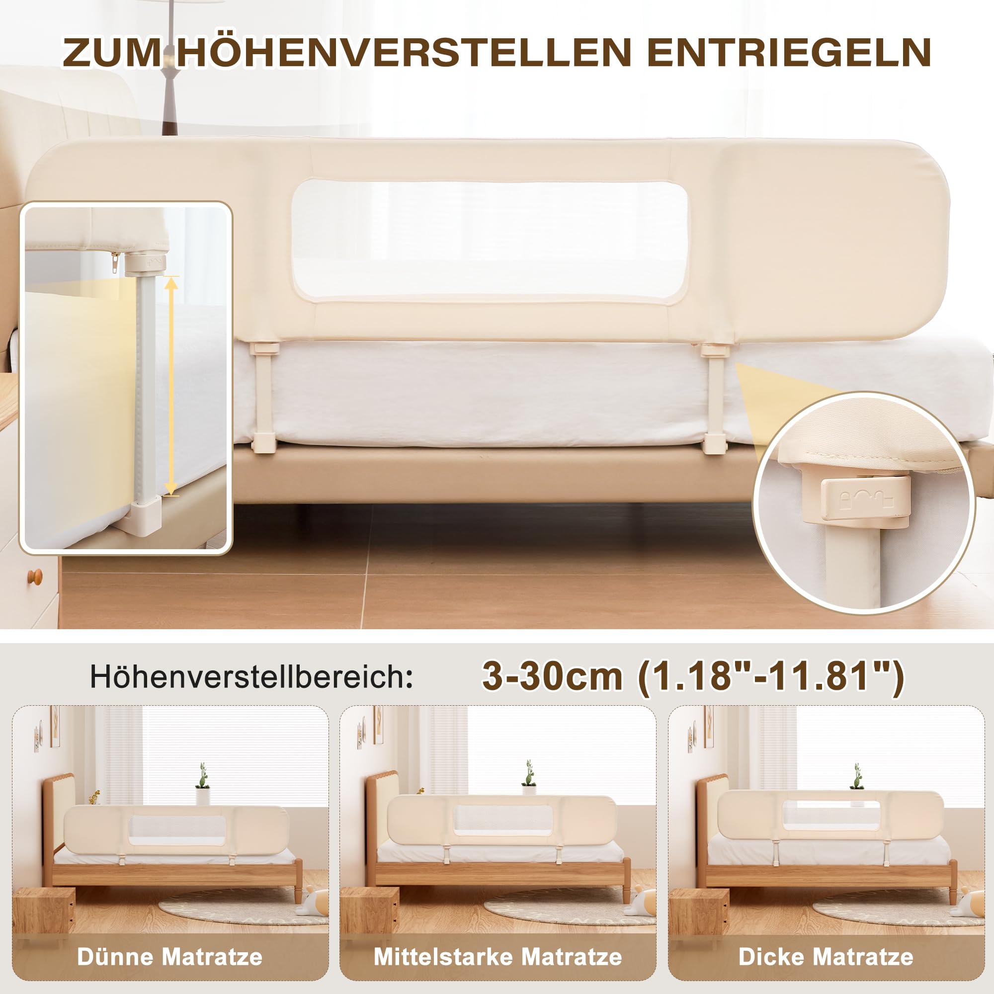 Rausfallschutz Bett Reise 185cm, 2-IN-1 Funktion als Baby Beistellbett und Bettgitter Baby, Rausfallschutz Bett Klappbar, Tragbar Bett Schutzgitter für Kinder, Kinderbettschutzgitter für Reisen- Creme