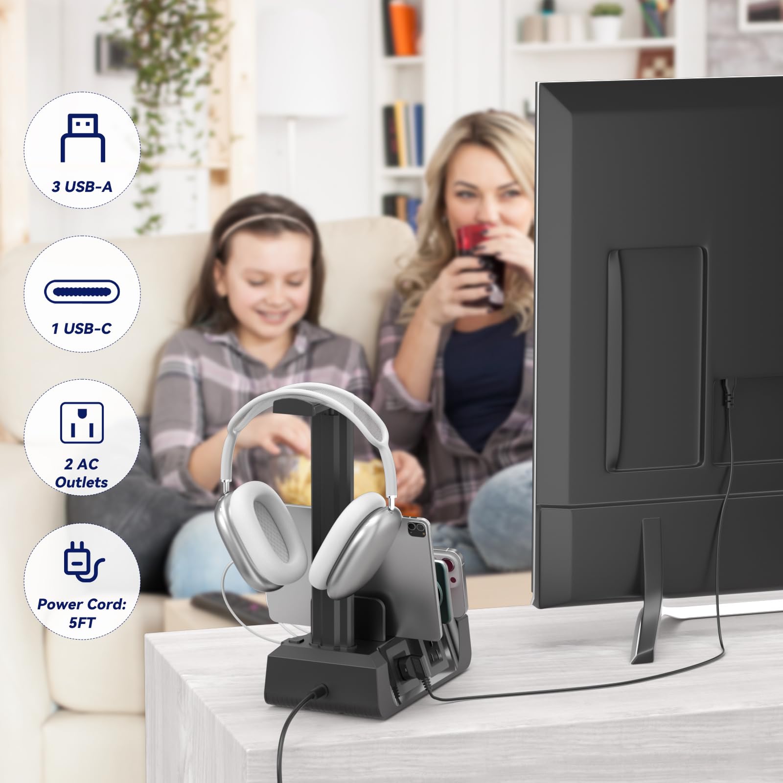 KDD Stazione di ricarica con 6 cavi di ricarica – Dock di ricarica rapida 6 in 1 per cellulare con supporto per cuffie e supporto per orologio, 2 AC e USB A e USB C, stazione di archiviazione per