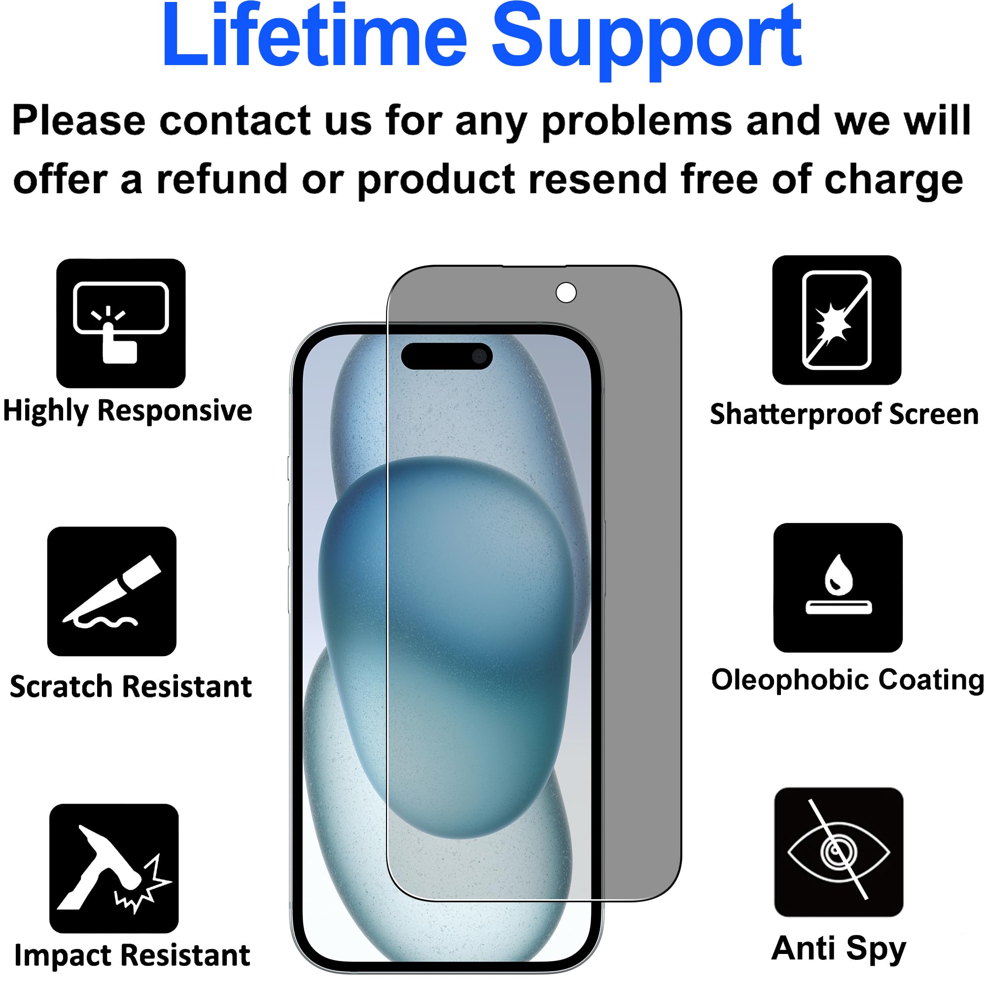 Xunzii 4 Vie 360°Privacy Pellicola Protettiva Copertura Totale per iPhone 15 Pro 6,1 Pollici, Anti Spy Vetro Temperato Film, Durezza 9H HD Anti-Spia Protezione Schermo [2 Pezzi