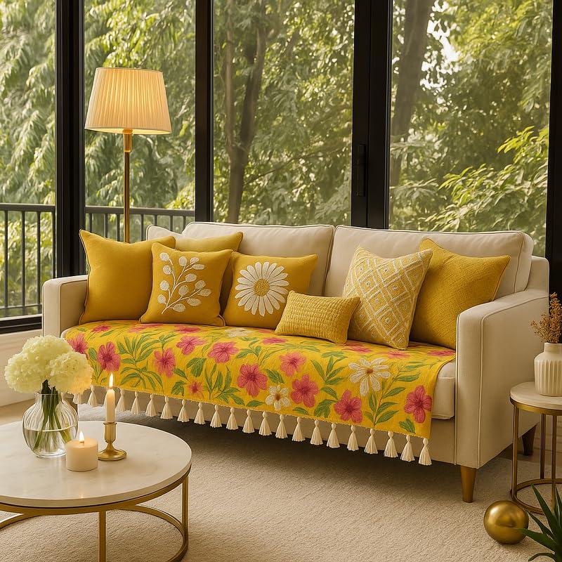Yellow Floral Sofa Cover With Tassels for Single Seater | Recliner, Wing, Dining, Office Chair Throw | 1-Piece Arm Chair Seat & Back Cover | Stylish Single Sofa Throw with Tassels for Living Room-image-22