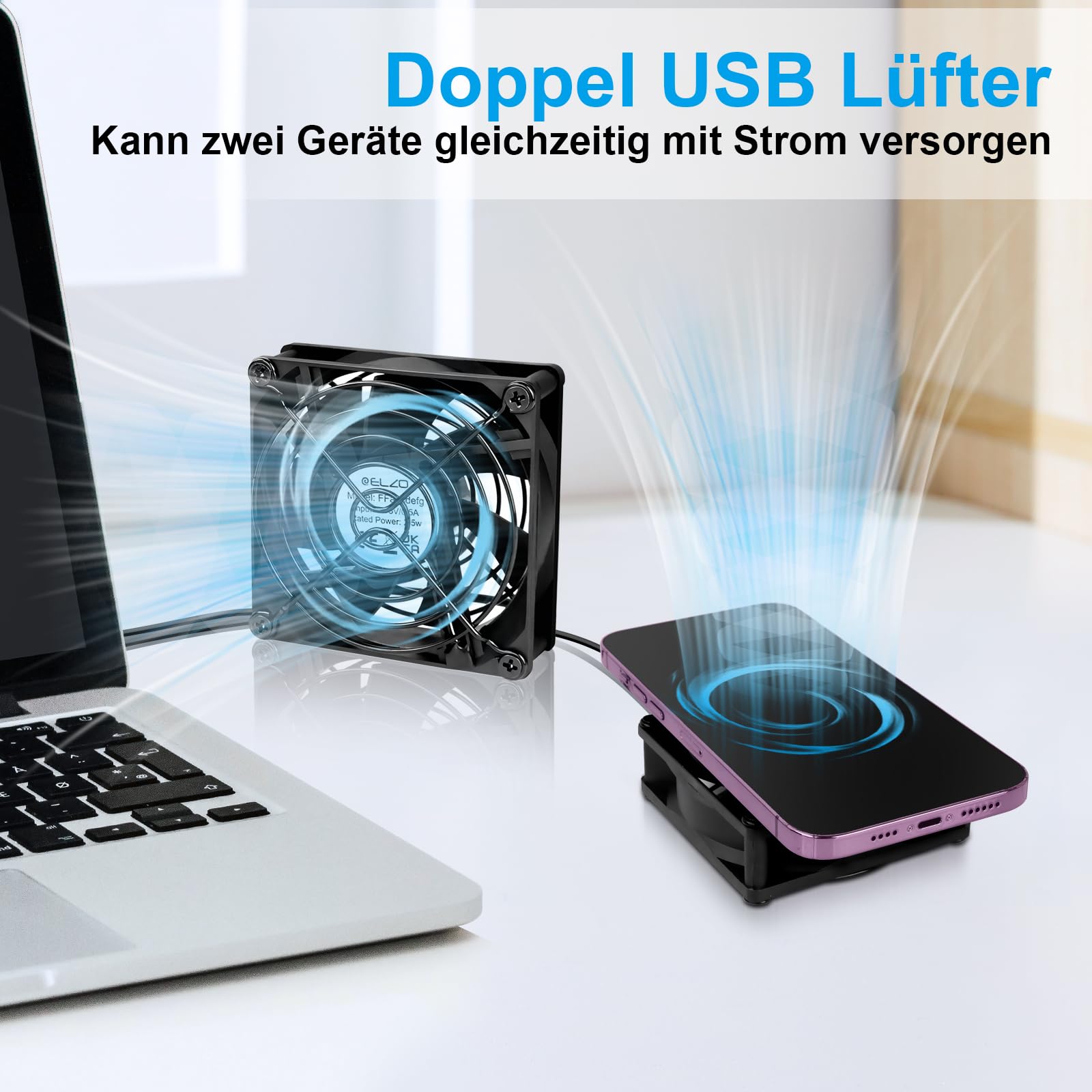ELZO Wentylator USB 2 sztuki, 5 V z 3 regulowanymi prędkościami, cichy mini wentylator stołowy, USB PC wentylator osiowy (80 mm, czarny)