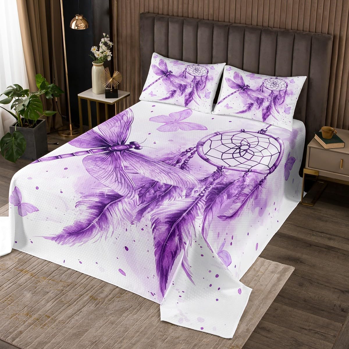 Castle Fairy Cow Skull Bedding Set Queen Size 3 Pcs,Watercolor Gradient Animal Feather Bedspread for Kids Teens Adults,Vintage Flowers Southwestern Tribal Style Coverlet Set with 2 Pillowcases